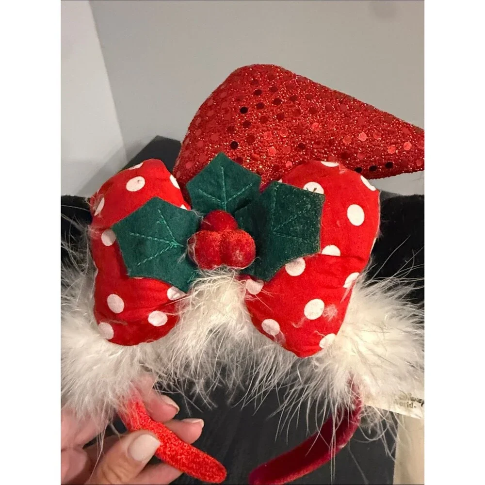 Disney Parks Christmas Minnie Mouse Ears Headband Santa Hat Holiday Bow WDW